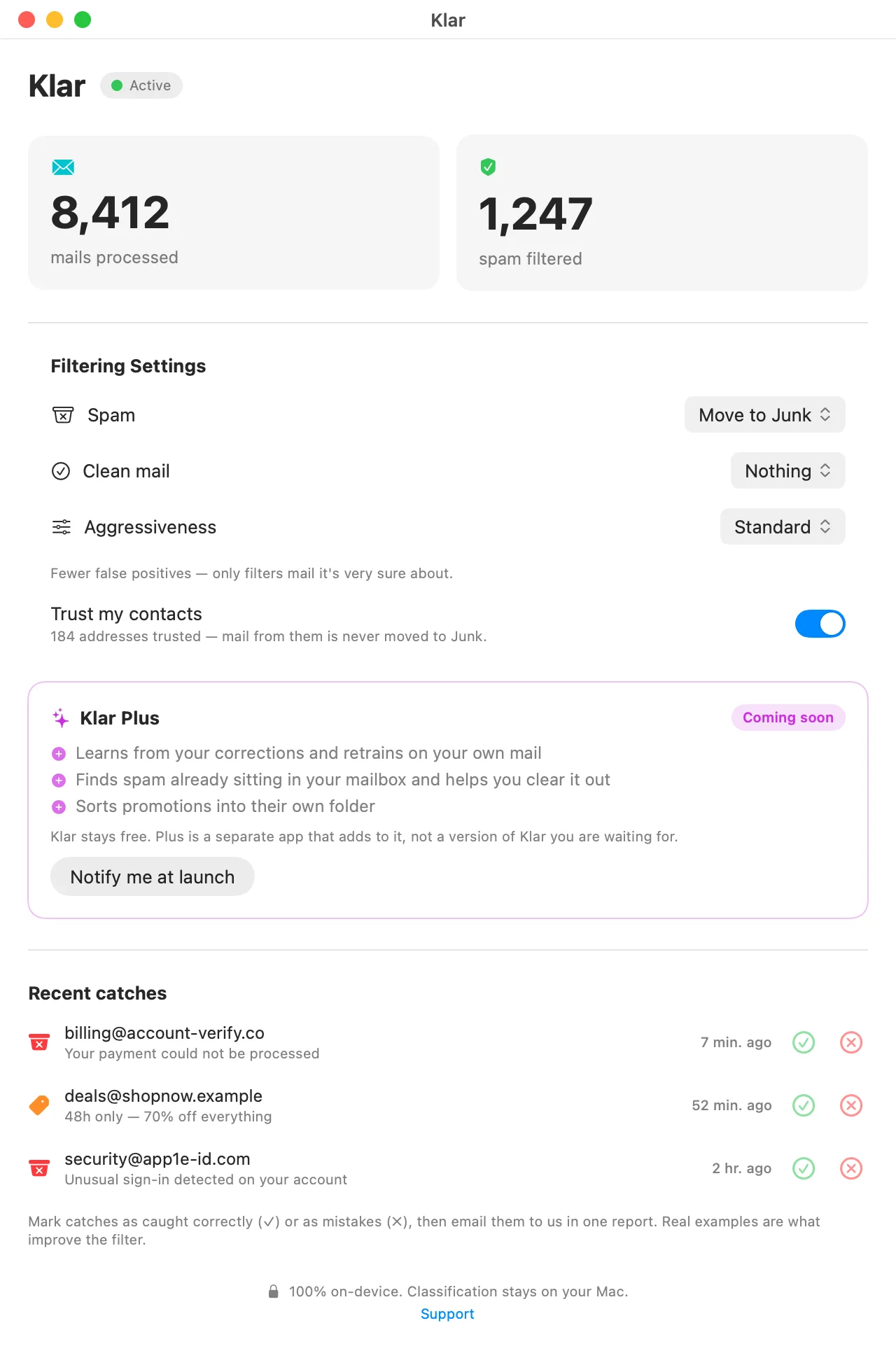 Klar's dashboard showing active on-device inbox protection