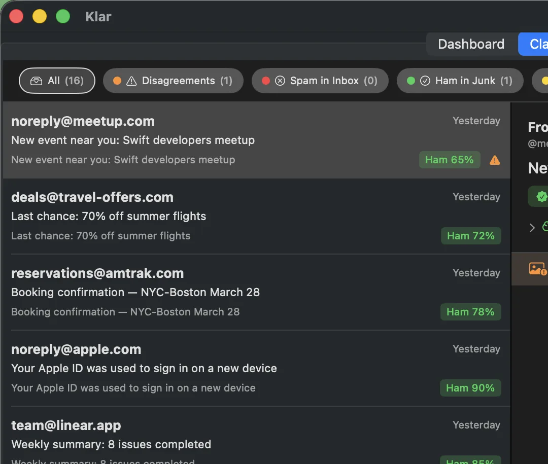 The Klar Plus classifications view: each email listed with its verdict and confidence